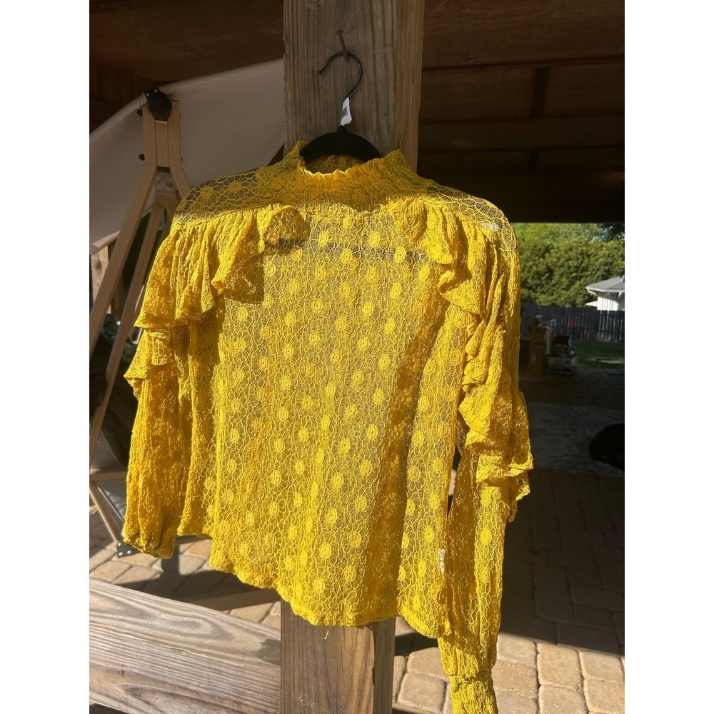 Yellow‎ Lace Ruffle Blouse Women Boho Victorian High Neck Romantic Cottagecore